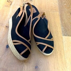 Tory Burch Black and Tan Espadrilles Size 10 Wedge Majorca Sandal